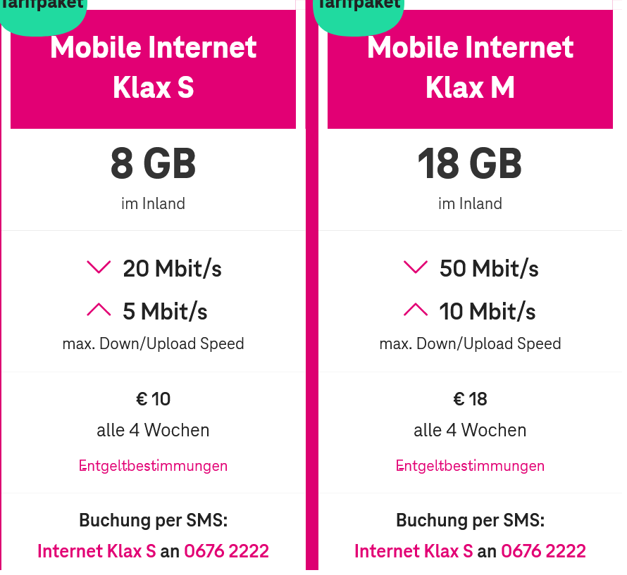 Magenta Telekom Austria Mobile Internet Klax Plans