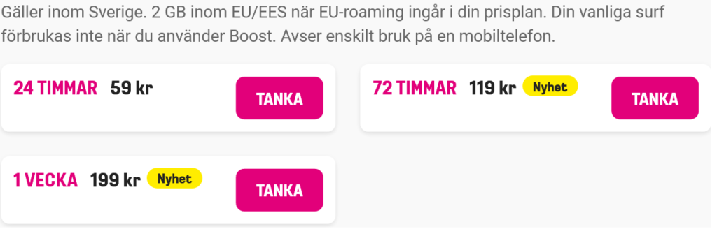 Comviq Tele2 Sweden Boost Plans