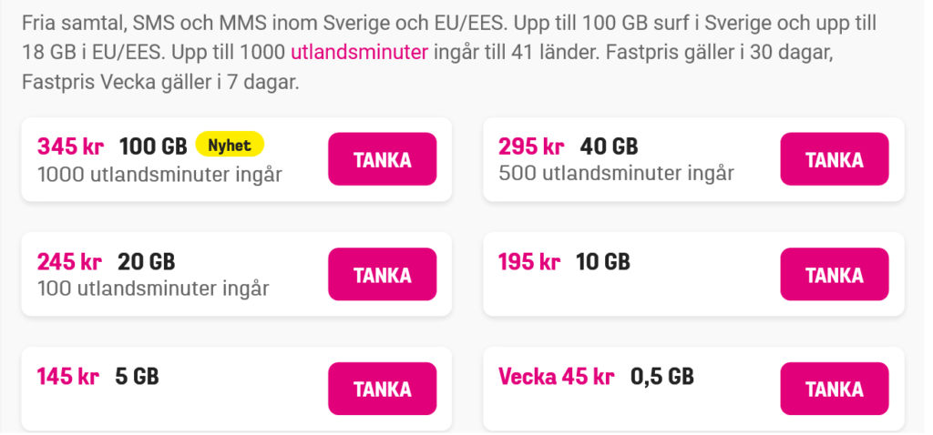 Comviq Tele2 Sweden Fastpris Plans