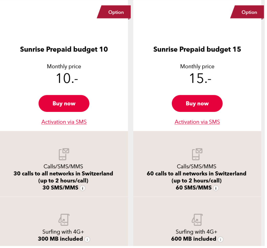 Sunrise Switzerland Prepaid Budget Plans