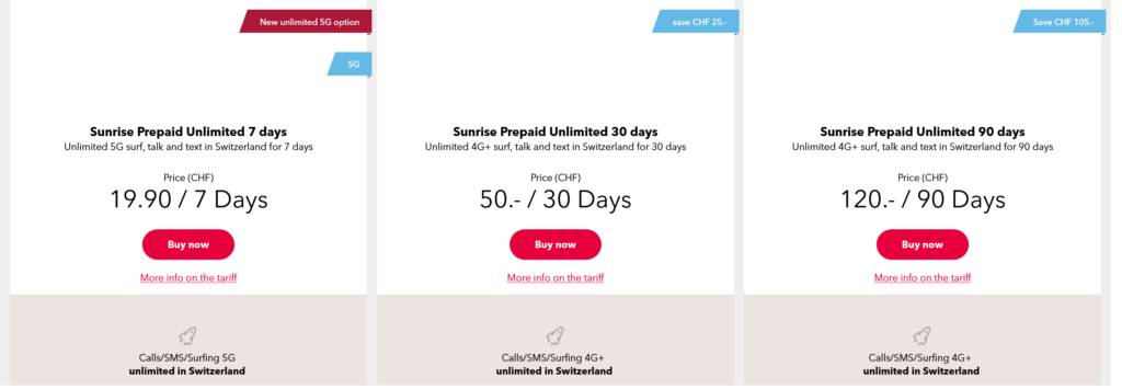 Sunrise Switzerland Prepaid Unlimited Plans