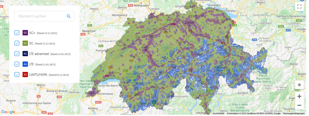 Swisscom Liechtenstein & Switzerland 3G 4G LTE 5G NR Coverage Map