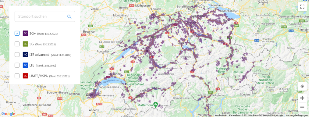 Swisscom Liechtenstein & Switzerland 5G NR+ Coverage Map