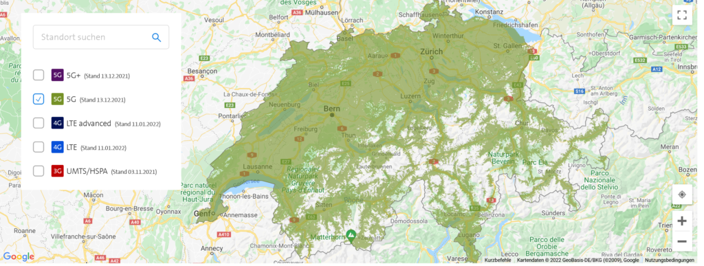 Swisscom Liechtenstein & Switzerland 5G NR Coverage Map