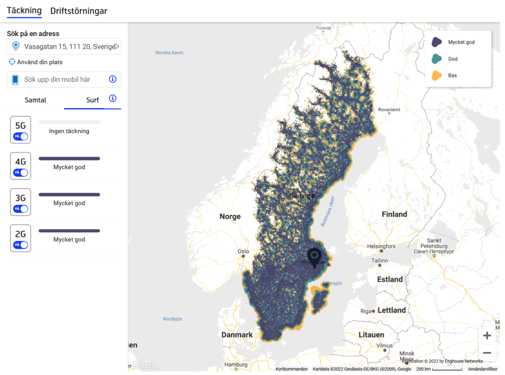 Telenor Sweden 2G 3G 4G LTE 5G NR Coverage Map