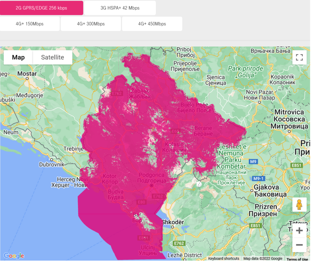 Crnogorski Telekom Montenegro 2G Coverage Map