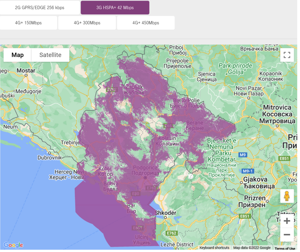 Crnogorski Telekom Montenegro 3G Coverage Map