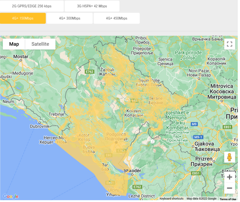 Crnogorski Telekom Montenegro 4G LTE 150 Mbps Coverage Map