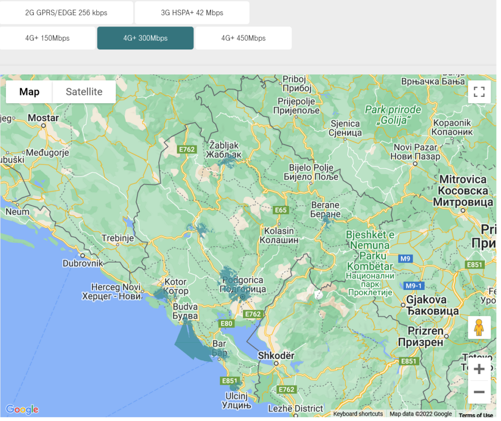 Crnogorski Telekom Montenegro 4G LTE 300 Mbps Coverage Map