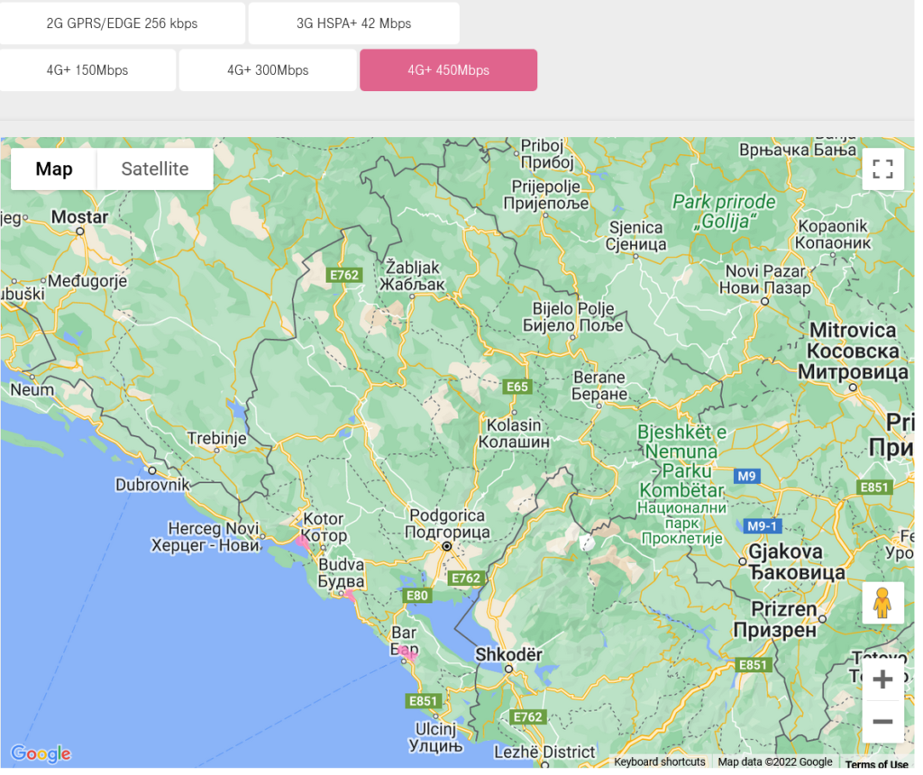 Crnogorski Telekom Montenegro 4G LTE 450 Mbps Coverage Map