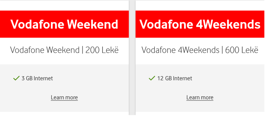 Vodafone Albania Weekend Bundles