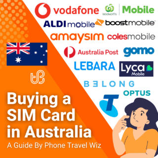 Buying a SIM Card in Australia Guide (logos of Telstra, Optus, Vodafone, ALDImobile, Amaysim, Australia Post Mobile, Belong Mobile, Boost Mobile, Coles Mobile, Gomo, Gotalk, Hello Mobile, Lebara, Lycamobile & Woolworths Mobile)