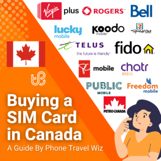 Buying a SIM Card in Canada Guide (logos of Rogers, Chatr Mobile, Fido, Telus, Koodo Mobile, Public Mobile, Bell, Lucky Mobile, Freedom Mobile, Virgin Plus, PC Mobile, SpeakOut & Petro-Canada Mobility)