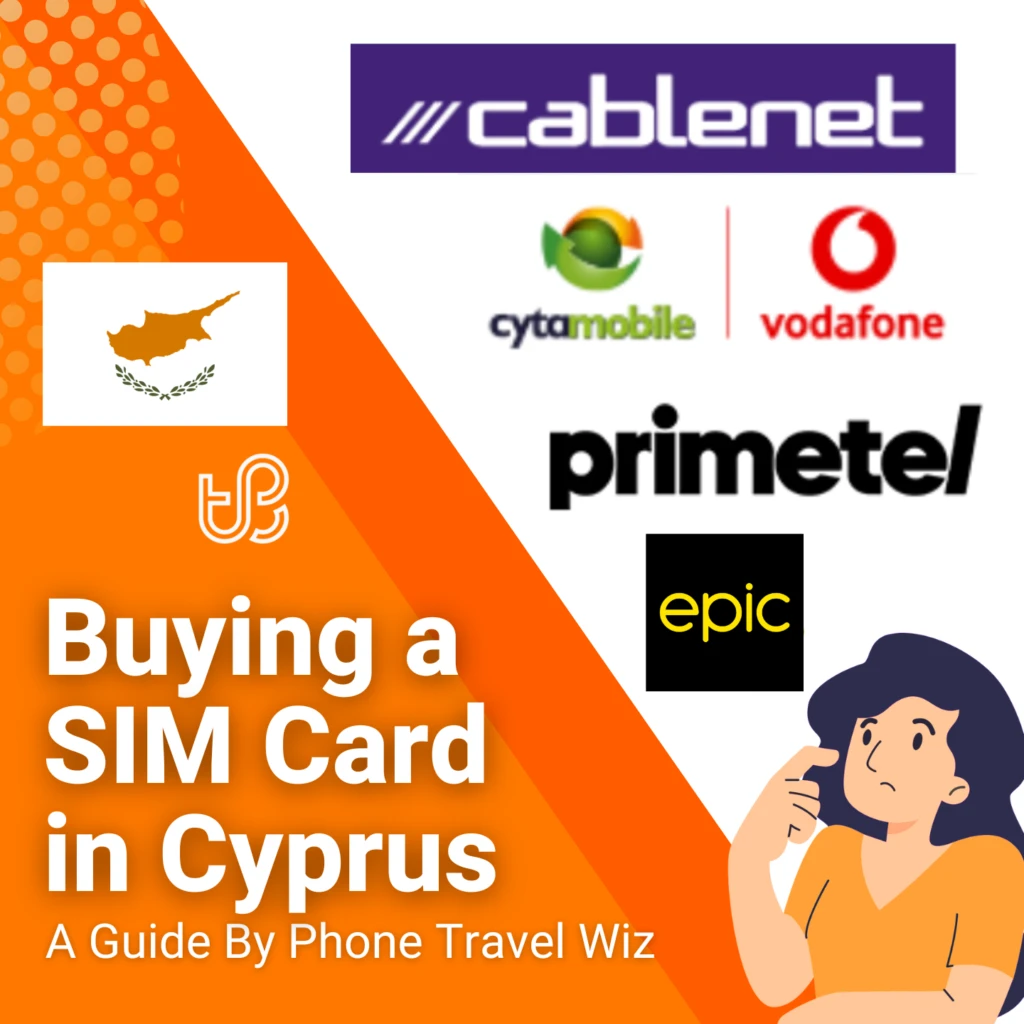 Buying a SIM Card in Cyprus Guide (logos of Cytamobile-Vodafone, Epic, PrimeTel & Cablenet)