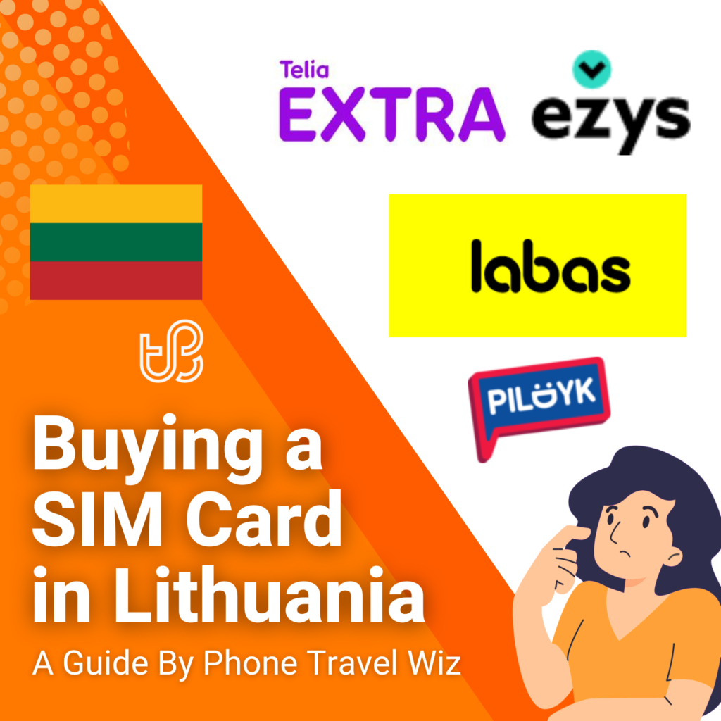 Buying a SIM Card in Lithuania Guide (logos of Pildyk by Tele2, Telia Extra, Ezys by Telia & Balas by Bite)