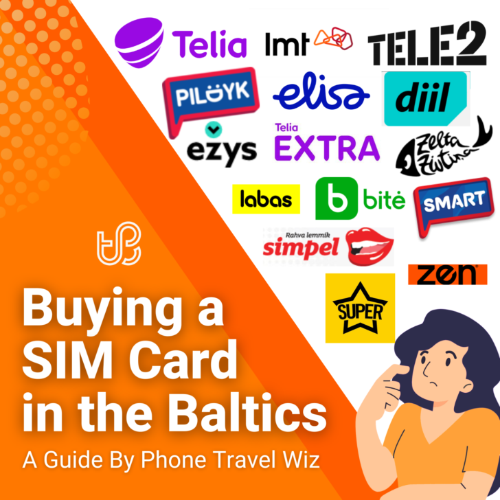 Buying a SIM Card in the Baltics Guide (logos of Telia, Tele2, LMT, Zelta Zivtina, Elisa, Pildyk, Telia Extra, Bite, Super, Labas, Ezys, Smart, Zen, Simpel & Diil)