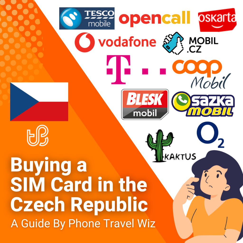 Buying a SIM Card in the Czech Republic Guide (logos of T-Mobile, Vodafone, O2, Kaktus, Tesco Mobile, OpenCall, MOBIL.CZ, COOP Mobil, SAZKAmobil, Blesk Mobil & Oskarta)