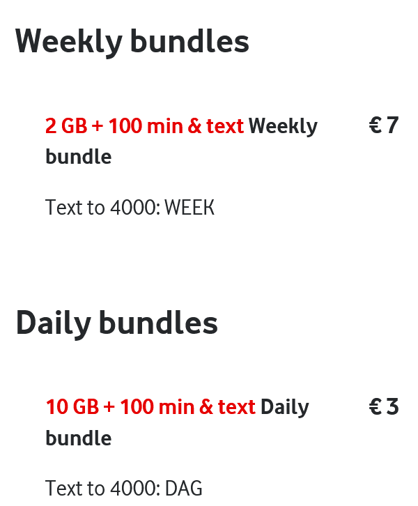 Vodafone Netherlands Daily & Weekly Bundle