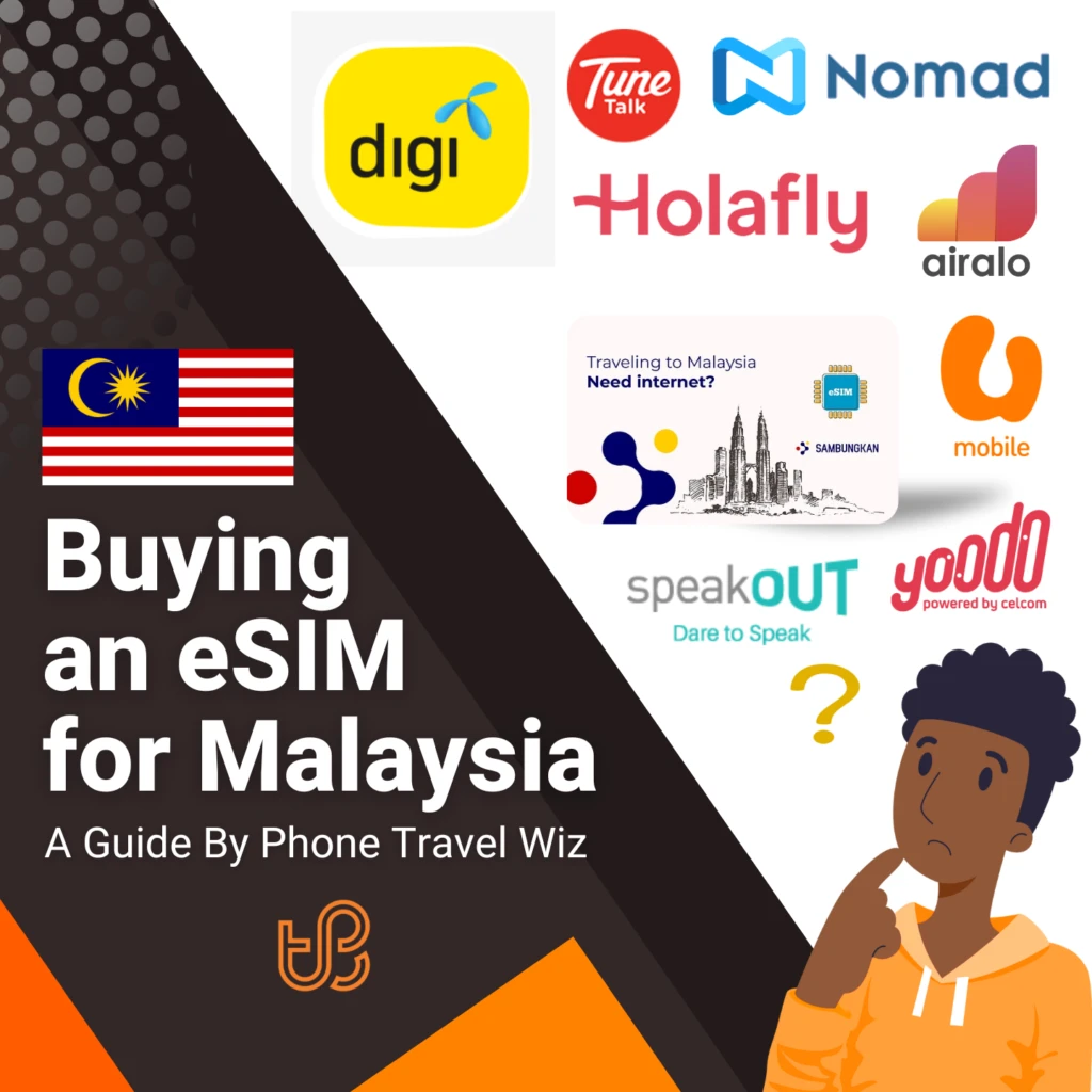 Buying an eSIM for Malaysia Guide (logos of Airalo, Holafly, Nomad, Digi, Tune Talk, U Mobile, SpeakOUT, Yoodo & Sambungkan)
