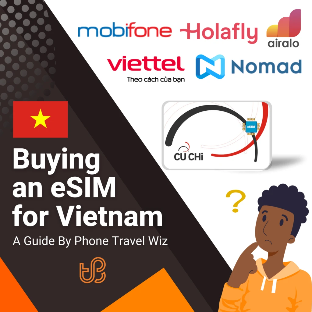 Buying an eSIM for Vietnam Guide (logos of Airalo, Holafly, Nomad, Viettel, MobiFone, VinaPhone & Cu Chi)