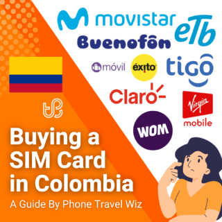 Buying a SIM Card in Colombia Guide (logos of Movistar, Claro, Virgin Mobile, WOM, Móvil Éxito, ETB, Kalley Móvil & Buenofon)