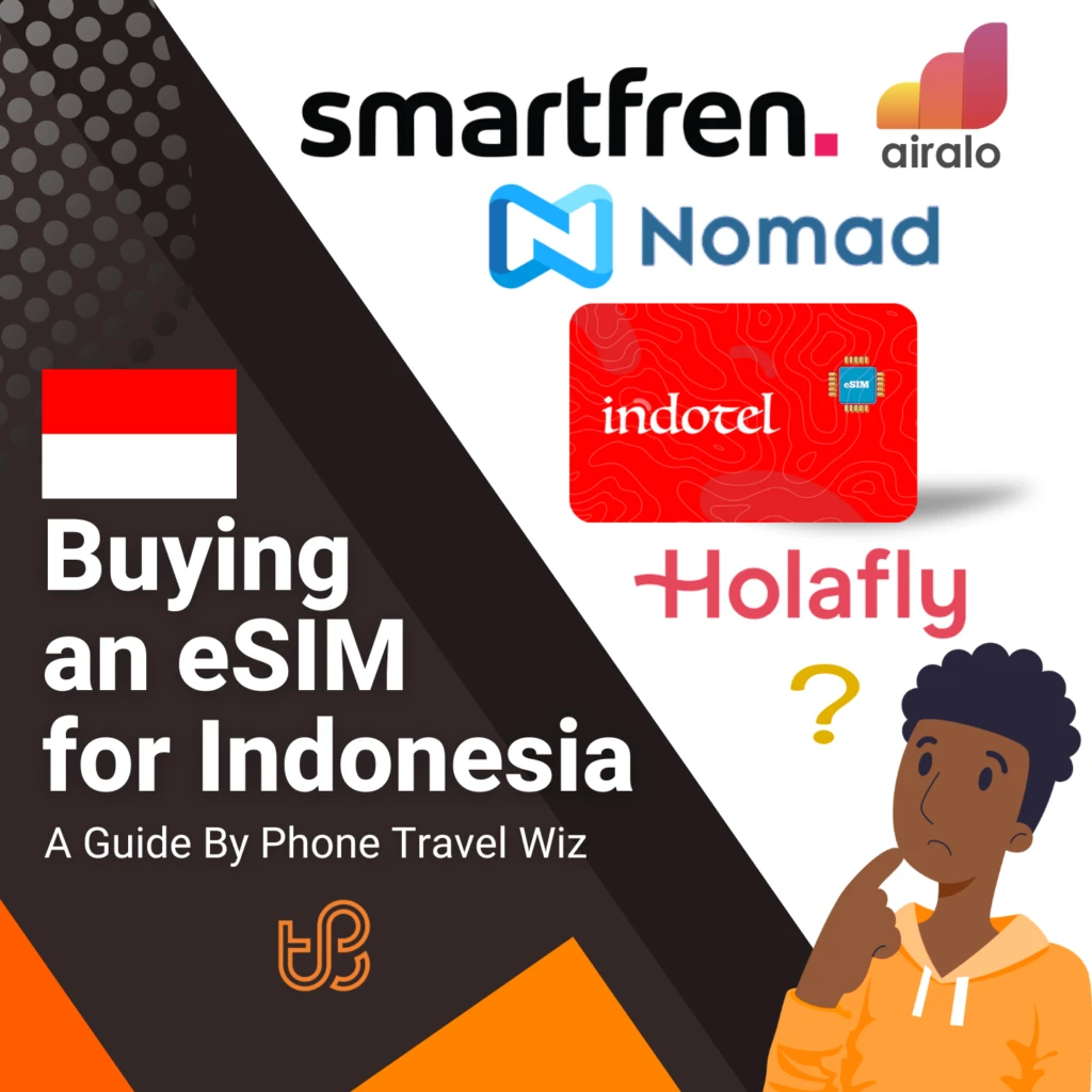 Buying an eSIM for Indonesia Guide (logos of Airalo, Holafly, Nomad, Smartfren & Indotel)