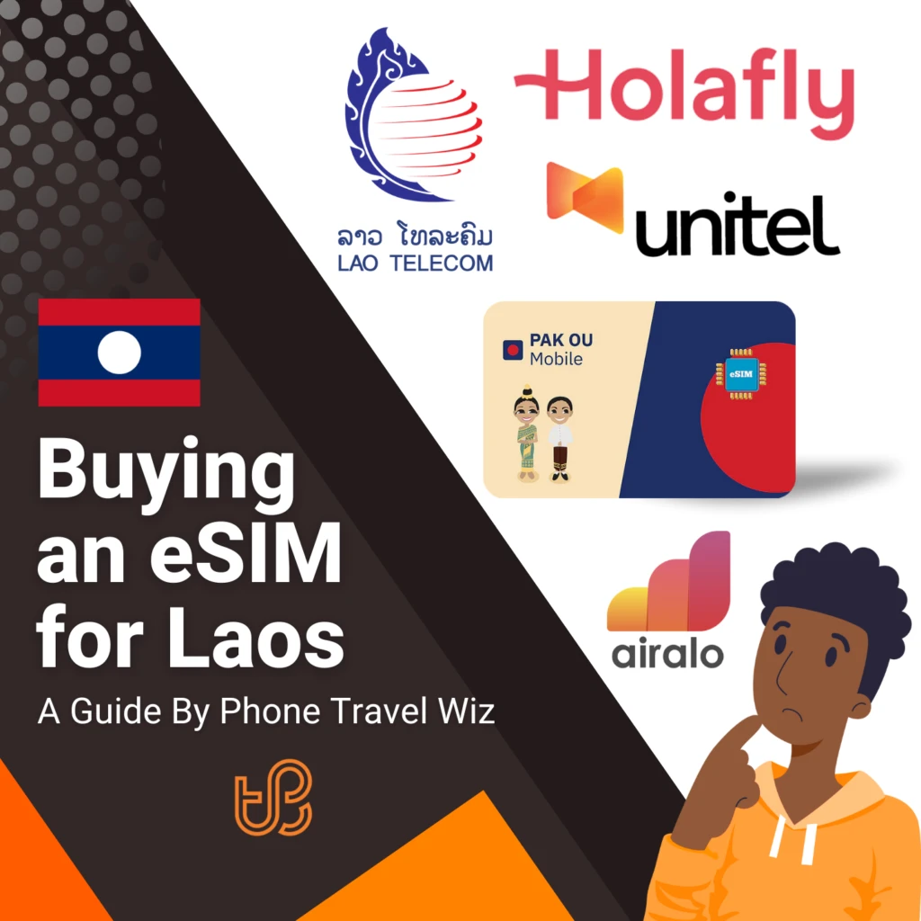 Buying an eSIM for Laos Guide (logos of Airalo, Holafly, LAO TELECOM, unitel & Pak Ou Mobile)