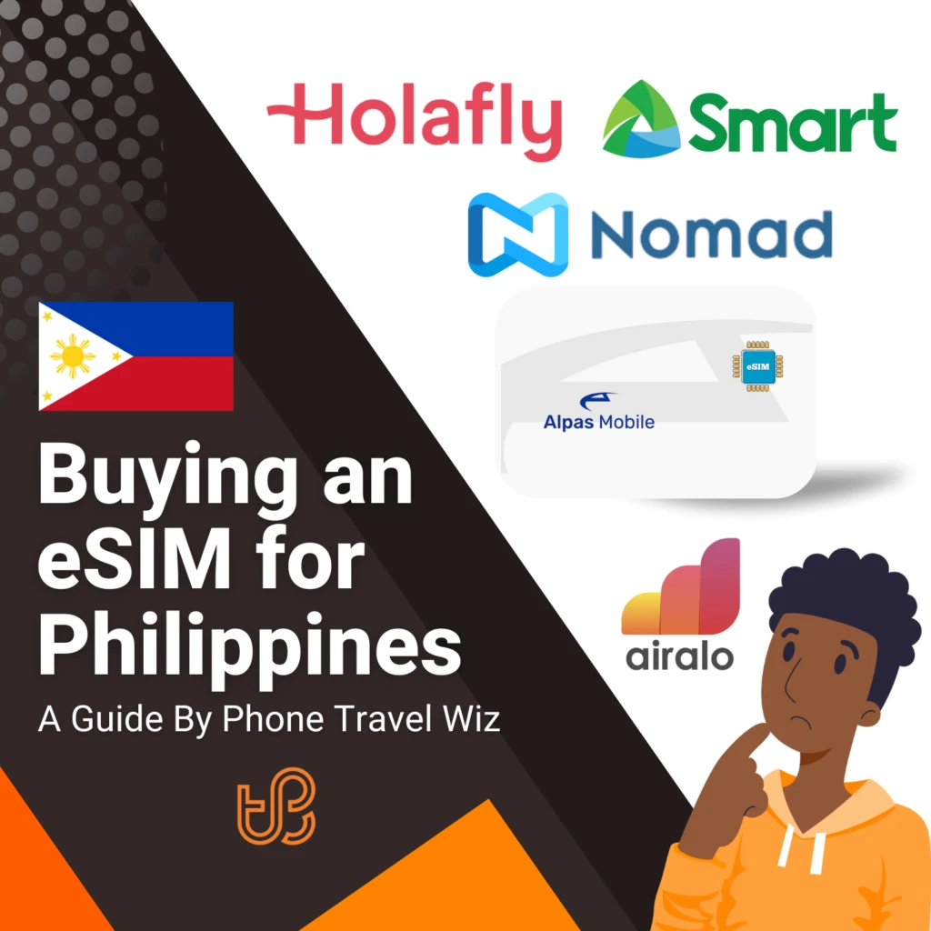 Buying an eSIM for Philippines Guide (logos of Airalo, Holafly, Nomad, Smart & Alpas Mobile)