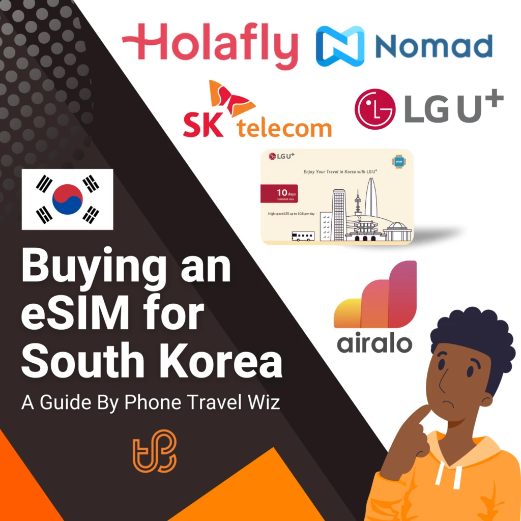 Buying an eSIM for South Korea Guide (logos of Airalo, Holafly, Nomad, SK Telecom & LG U+)