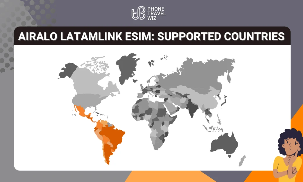 Airalo Latamlink eSIM Eligible Countries Map Infographic by Phone Travel Wiz (February 2023 Version 1)