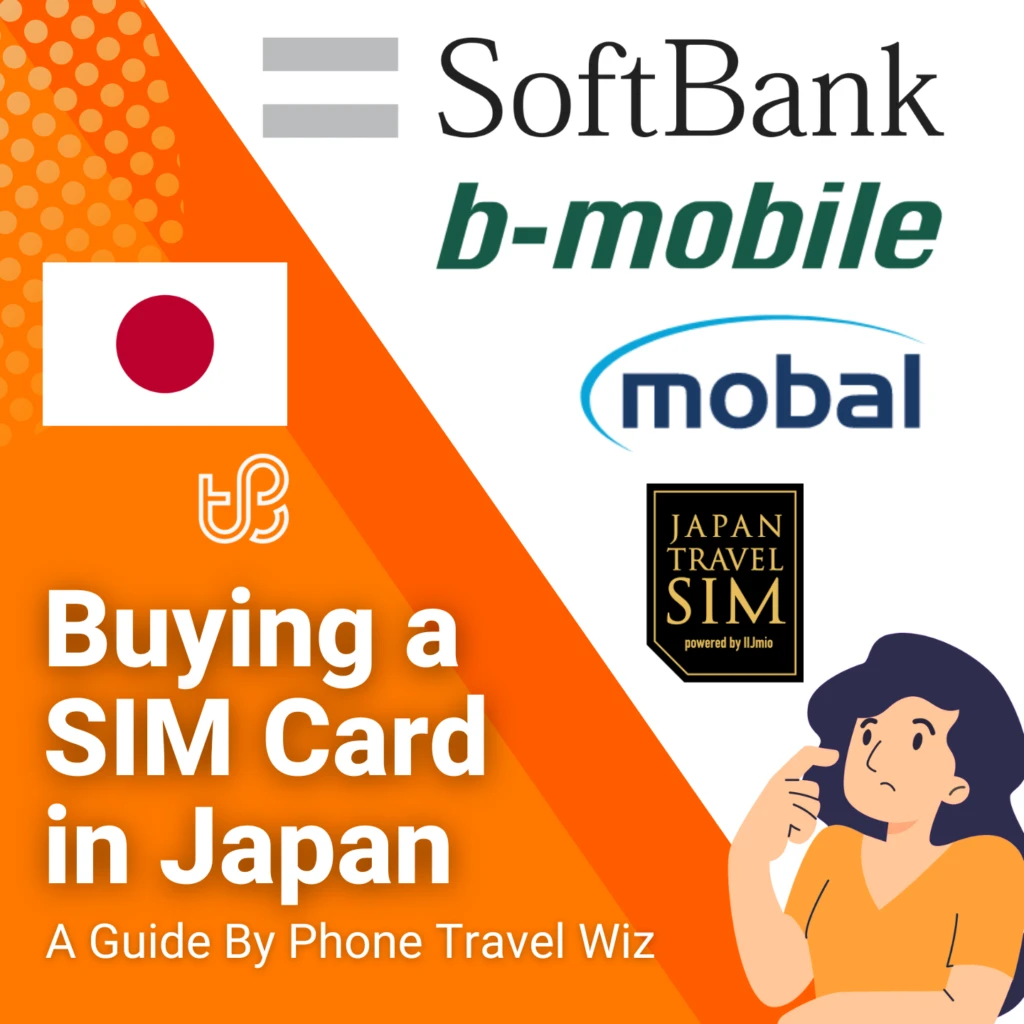 Buying a SIM Card in Japan Guide (logos of SoftBanbk, B-mobile, IIJmoi Japan Travel SIM & Mobal)