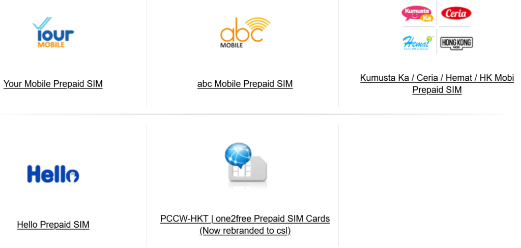CSL Mobile Hong Kong abc Mobile, Ceria, Hello Mobile, Hemat, HK Mobile & Your Mobile SIM Cards