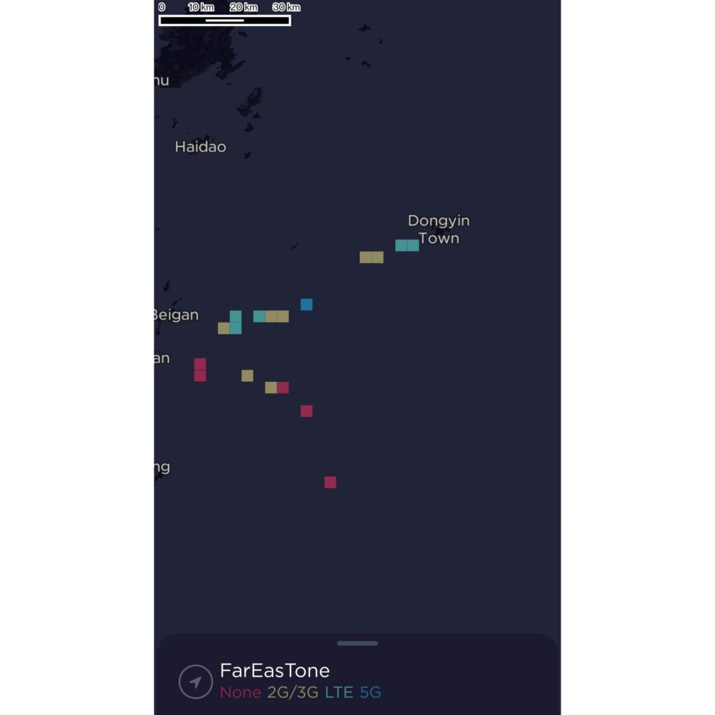 Far EasTone Taiwan Coverage Map on the Matsu Islands (Lienchiang, Nangan, Beigan, Gaodeng, Dongyin & Xiyin)