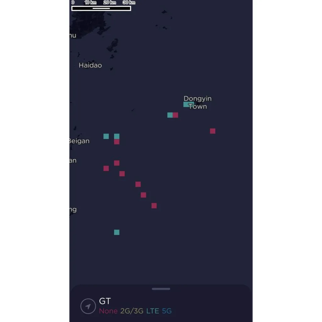 GT Mobile Taiwan Coverage Map on the Matsu Islands (Lienchiang, Nangan, Beigan, Gaodeng, Dongyin & Xiyin)