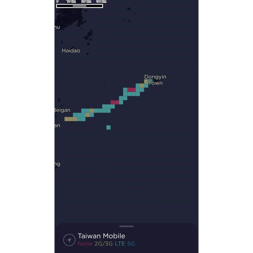 Taiwan Mobile Coverage Map on the Matsu Islands (Lienchiang, Nangan, Beigan, Gaodeng, Dongyin & Xiyin)