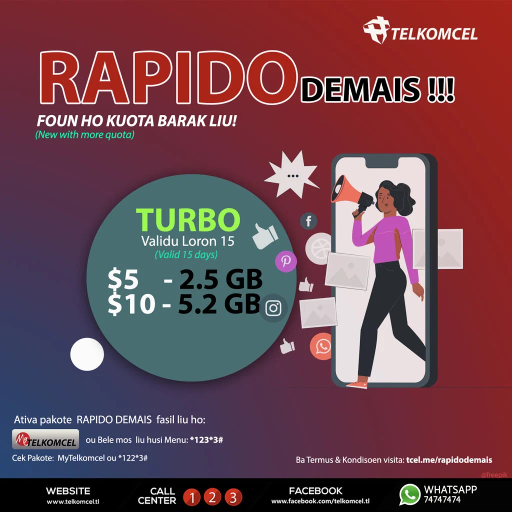 Telkomcel Timor-Leste Pakote Diariu, Semanal, Turbo & Fulan 2 Plans