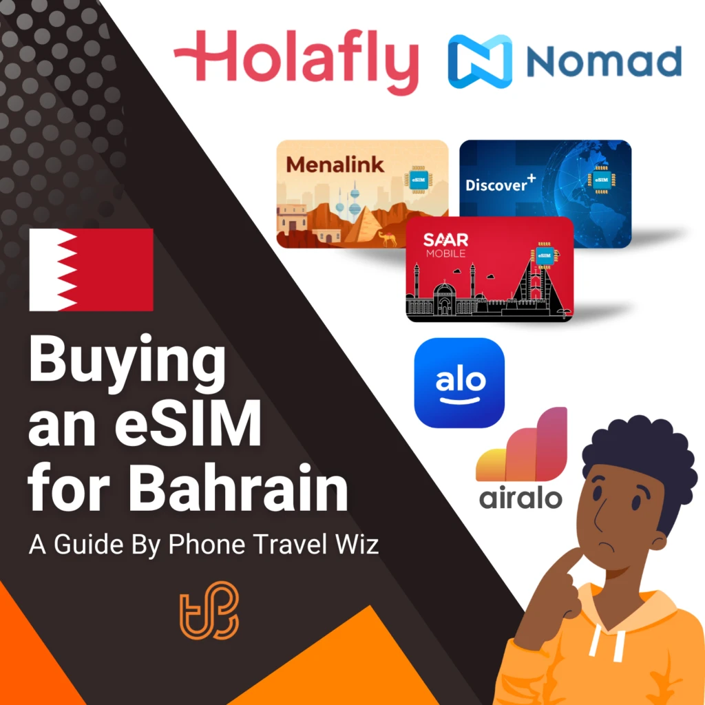 Buying an eSIM for Bahrain Guide (logos of Holafly, Nomad, Menalink, Discover+, Saar Mobile, Alosim & Airalo)