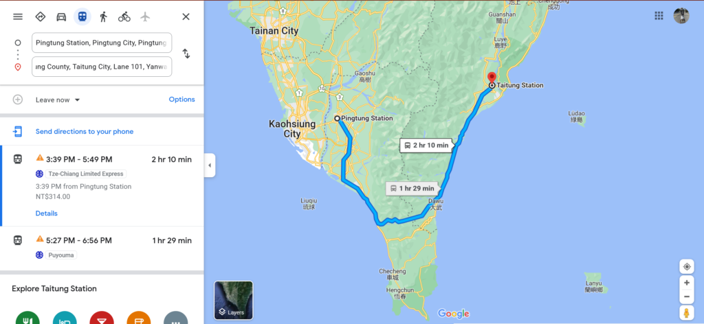 Pingtung to Taitung by Train