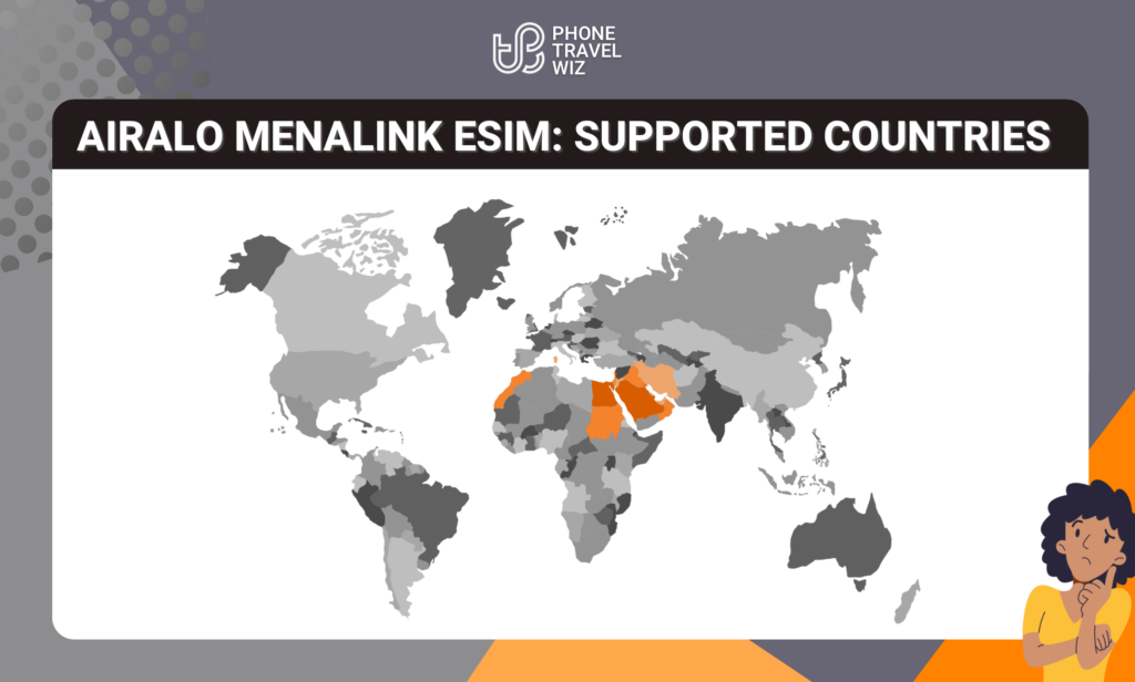 Airalo Menalink eSIM Eligible Countries Map Infographic by Phone Travel Wiz (February 2023 Version)