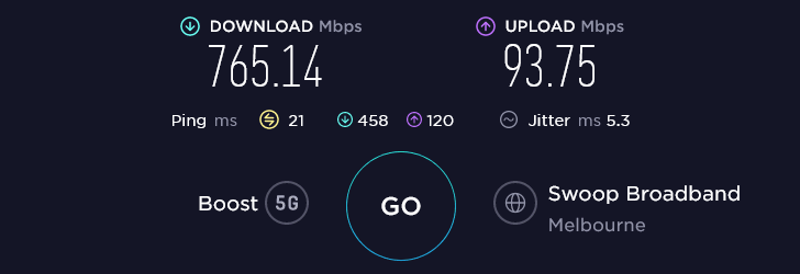 Boost Speed Test at Broadmeadows Station in Melbourne (765.14 Mbps)