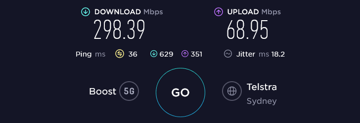 Boost Speed Test at Canberra CBD Glass House in Canberra (68.95 Mbps)