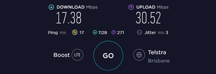 Boost Speed Test at Woolloongabba Princess Plaza Shopping Center in Brisbane (17.38 Mbps)