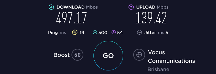 Boost Speed Test at Woolloongabba The Gabba in Brisbane (139.42 Mbps)