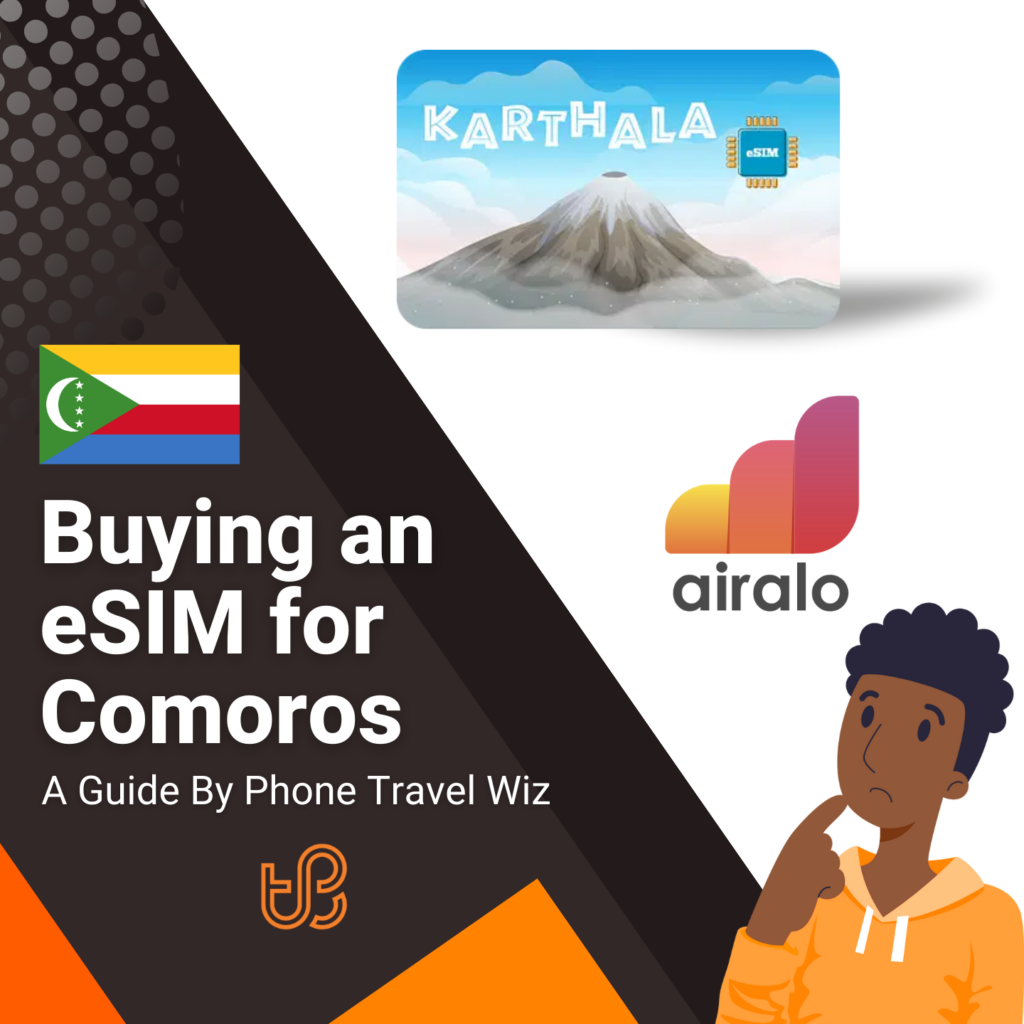 Buying an eSIM for Comoros Guide (logos of Karthala and Airalo)
