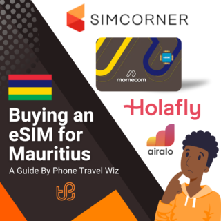 Buying an eSIM for Mauritius Guide (logos of Airalo, Holafly, SimCorner & Mornecom)