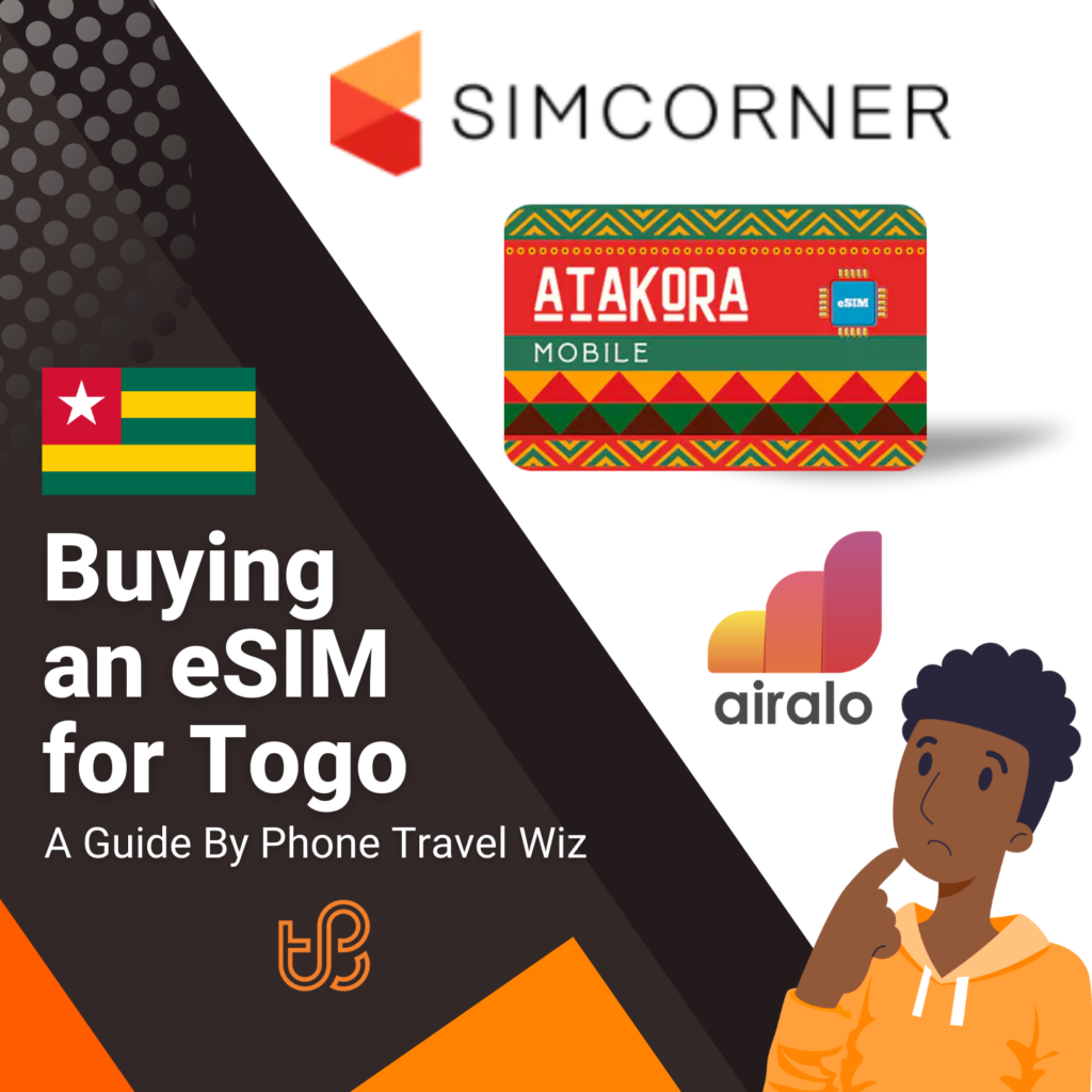 Buying an eSIM for Togo Guide (logos of Airalo, Simcorner & Atakora)