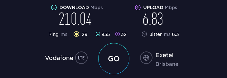 Lebara Speed Test at Brisbane Airport International Terminal in Brisbane (210.04 Mbps)