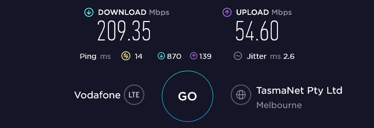 Lebara Speed Test at Huntingdale Station in Melbourne (209.35 Mbps)