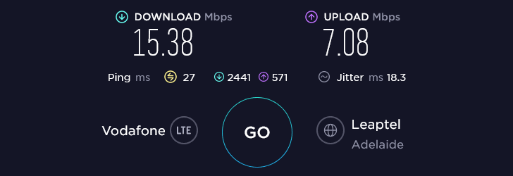 Lebara Speed Test at Port Adelaide Plaza in Adelaide (15.38 Mbps)