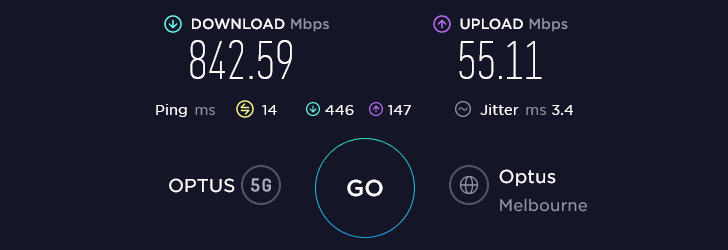 Optus Speed Test at Oakleigh Melina's Kitchen in Melbourne (842.59 Mbps)